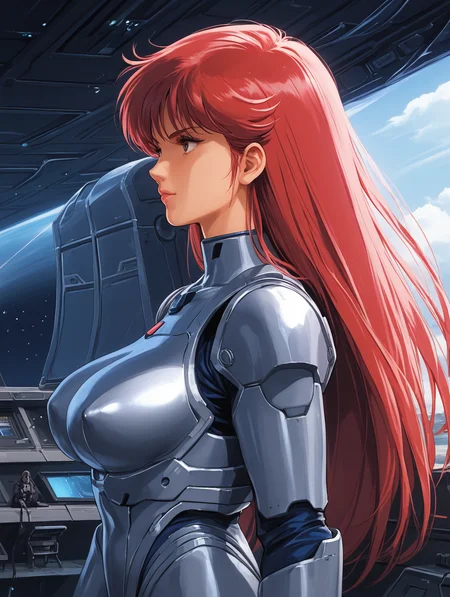 score_9, Score_8_up, score_7_up, source_anime, 1girl, summer, armored leotard, long hair, (from side:1.2), large breasts,  science fiction, spacecraft, covered nipples, (muscular:0.8),  EnD_1980s_Style, 1980s (style), retro artstyle,  <lora:1980s_Eastern_Style:0.8>,