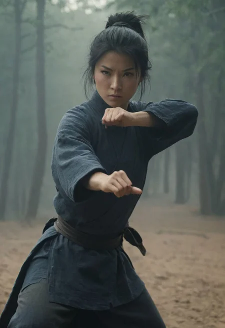 Closeup, A female feudal Ninja in drunken Style fight stance, leaning backwards, Perfect Hands,very detailed, atmospheric haze, Film grain, cinematic film still, shallow depth of field, highly detailed, high budget, cinemascope, moody, epic, OverallDetail, gorgeous, 2000s vintage RAW photo, photorealistic, candid camera, color graded cinematic, eye catchlights, atmospheric lighting, skin pores, imperfections, natural, shallow dof