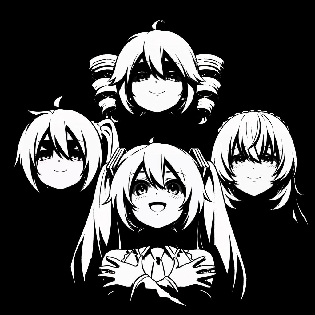 masterpiece, high quality, absurdres, 4girls, hatsune miku, kasane teto, akita neru, megurine luka, multiple girls, looking at viewer, blush, smile, open mouth, simple background, closed mouth, crossed arms, black background, shaded face, album cover,<lora:queen_band:1>