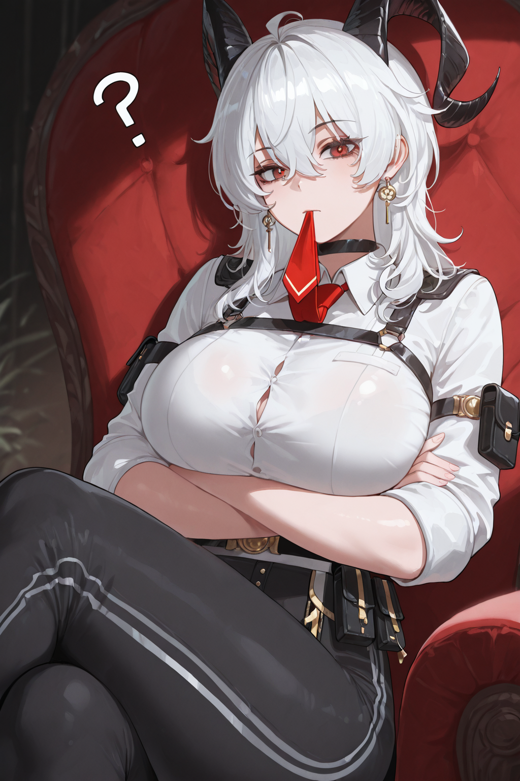 masterpiece,best quality,amazing quality,absurdres, <lora:Zani_Wuthering_Waves:1>, ZanDS, 1girl, ?, arm pouch, black horns, black pants, black pouch, breasts, chest harness, closed mouth, collared shirt, crossed arms, crossed legs, curled horns, earrings, feet out of frame, hair between eyes, harness, horns, jewelry, key earrings, large breasts, looking at viewer, medium hair, mouth hold, necktie, necktie in mouth, pants, red eyes, red necktie, shirt, sitting, solo, tight clothes, tight pants, white hair, white shirt
