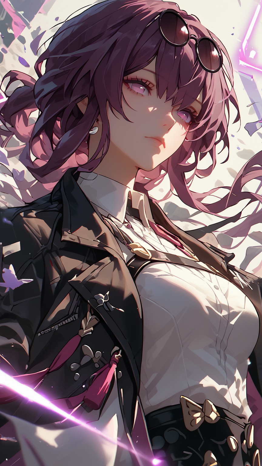 <lora:Kafka:0.65> 1girl, white shirt, bangs, sunglasses, eyewear on head, purple hair, white long sleeves, purple eyes, long hair, closed mouth, black jacket, gloves,  purple glowing strings, score_9, score_8_up, score_7_up, source_anime,