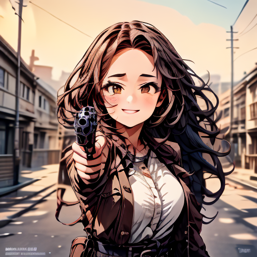 (masterpiece:1.4), high quality, high definition, sharp focus, detailed face, anime, best quality, 4k, 8k, absurd resolution, intricate detail, detailed hands, detailed eyes, animation, illustration, highly detailed, highres, extremely detailed, <lora:ETO_OCC002:0.7> ETO_OCC, black hair, curly hair,longhair, thick eyebrows, <lora:hyperdenoiser_v090:0.6>, (looking at viewer:1.6), (plump), (hazel eyes:1.3), <lora:mesugaki-10:0.5>, smiling,  smug, <lora:ETO_OC:0.2> ETO-OC, <lora:sensualface_type1:0.5>, seductive smile,  <lora:perfetfingers:1>, OverallDetail, Illust-InstaFilter, edgQuality, Earth-QualityPos, BodyPositive, Best_QualityPos, colt, belt, cowgirl, saloon, leather, cartridge, holsters,  <lora:Armed_Cowgirls:0.6>, weapon, (gun:1.5),  <lora:AppleCheek:0.7> applecheek, aiming at viewer,<lora:aimingAtViewer_v1:0.6> aiming at viewer, handgun, holding pistol <lora:aimingpistol-09:1> aimingpistol, <lora:add_detail:1>