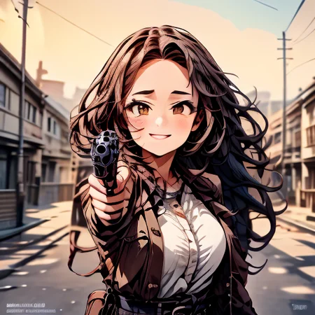 (masterpiece:1.4), high quality, high definition, sharp focus, detailed face, anime, best quality, 4k, 8k, absurd resolution, intricate detail, detailed hands, detailed eyes, animation, illustration, highly detailed, highres, extremely detailed, <lora:ETO_OCC002:0.7> ETO_OCC, black hair, curly hair,longhair, thick eyebrows, <lora:hyperdenoiser_v090:0.6>, (looking at viewer:1.6), (plump), (hazel eyes:1.3), <lora:mesugaki-10:0.5>, smiling,  smug, <lora:ETO_OC:0.2> ETO-OC, <lora:sensualface_type1:0.5>, seductive smile,  <lora:perfetfingers:1>, OverallDetail, Illust-InstaFilter, edgQuality, Earth-QualityPos, BodyPositive, Best_QualityPos, colt, belt, cowgirl, saloon, leather, cartridge, holsters,  <lora:Armed_Cowgirls:0.6>, weapon, (gun:1.5),  <lora:AppleCheek:0.7> applecheek, aiming at viewer,<lora:aimingAtViewer_v1:0.6> aiming at viewer, handgun, holding pistol <lora:aimingpistol-09:1> aimingpistol, <lora:add_detail:1>