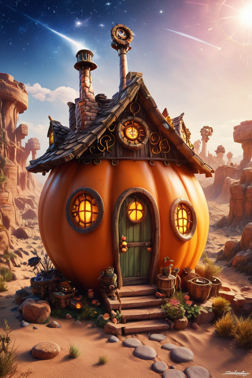 score_9, score_8_up, score_8,  ,,,  zzPumpkinHouse, (steampunk:1.5), scifi, space, shooting stars, desert, sand, rocks,  ,<lora:PumpkinHouse_PDXL_v1:0.8>,  ,,, embedding:zPDXL,  <lora:SDXLFaeTastic2400:0.5>,