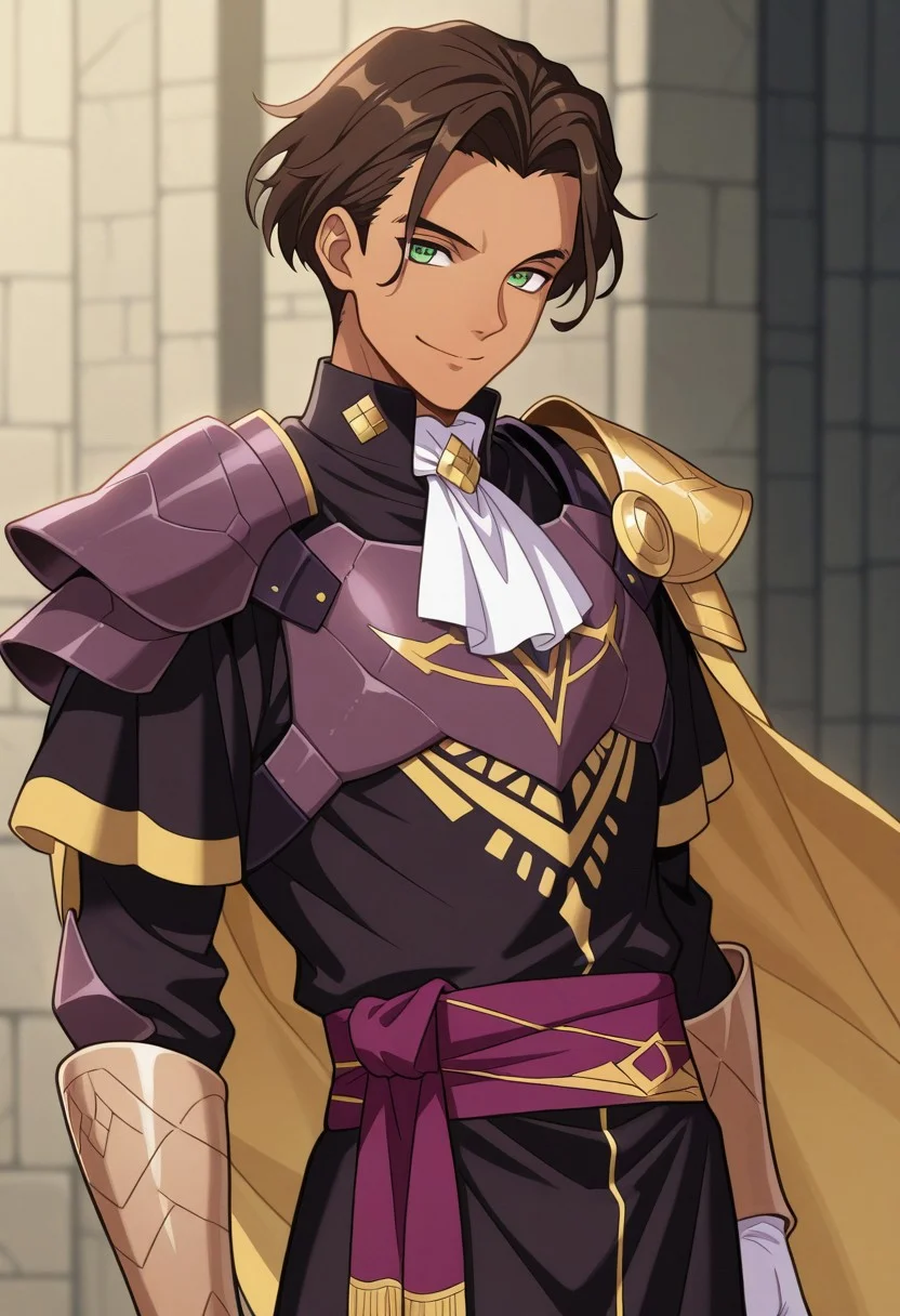 masterpiece,best quality,amazing quality, source_anime,
ClaudeVonRiegan, 1boy, male focus, solo, green eyes, brown hair, short hair, dark-skinned male, ascot, white ascot, shoulder armor, cape, tunic, black and gold tunic, white gloves, purple sash, smile,