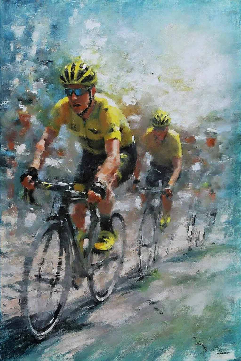 marklague1 painting.
A line of cyclists in motion. A cyclist in a yellow jersey is central, riding a bicycle. The background includes a blend of blue, white, and green tones suggesting movement. The group appears to be in a race or group ride. <lora:marklague1_cap_d8a4e12:1.0><lora:855125812427358691:0>