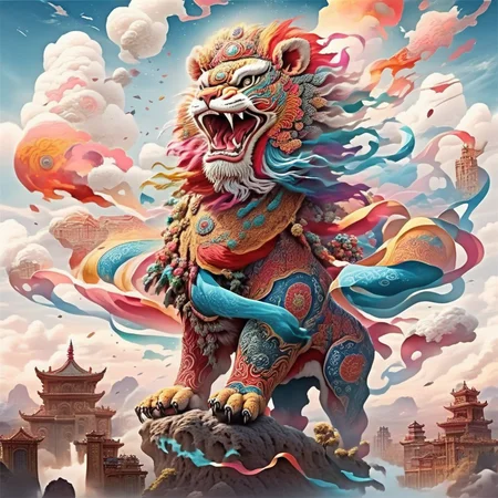 an image of a colorful dance lion on the mountain ,SF_Carton style,carton, four legs<lora:0208_sprint_festival-checkpoint-8000:1>