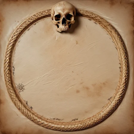 Human skull in the center of the image surrounded by an Ouroboros snake eating its own tail, snake with its tail in its mouth, snake, solo snake, drawn on ancient parchment paper, background is parchment paper. ancientegypt, detailed background.