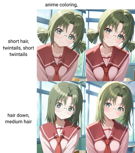 masterpiece, best quality, amazing quality, 1girl, solo, anime coloring, (portrait:1.2), chiyoww, green hair, short hair, twintails, short twintails, green eyes, round eyewear, rimless eyewear, school uniform, pink serafuku, red sailor collar, pink shirt, looking at viewer, smile, indoors, day, skindentation, detailed clothing folds, depth of field, sharp, high contrast, dynamic light <lora:Iin_Chiyo_Seto_no_Hanayome_ill:0.9>