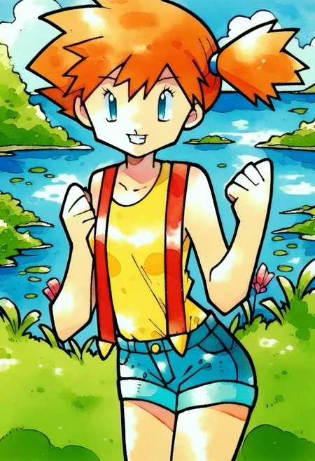 score_9, score_8_up, score_7_up, score_6_up,score_5_up, score_4_up, ken sugimori,misty \(pokemon\),watercolor \(medium\), 1girl, solo, blue eyes, orange hair, cowboy shot, standing, side ponytail, short hair, yellow shirt, red suspenders, denim shorts, small breasts, river, smile,sleeveless,  <lora:KenSugimoriPony:1>