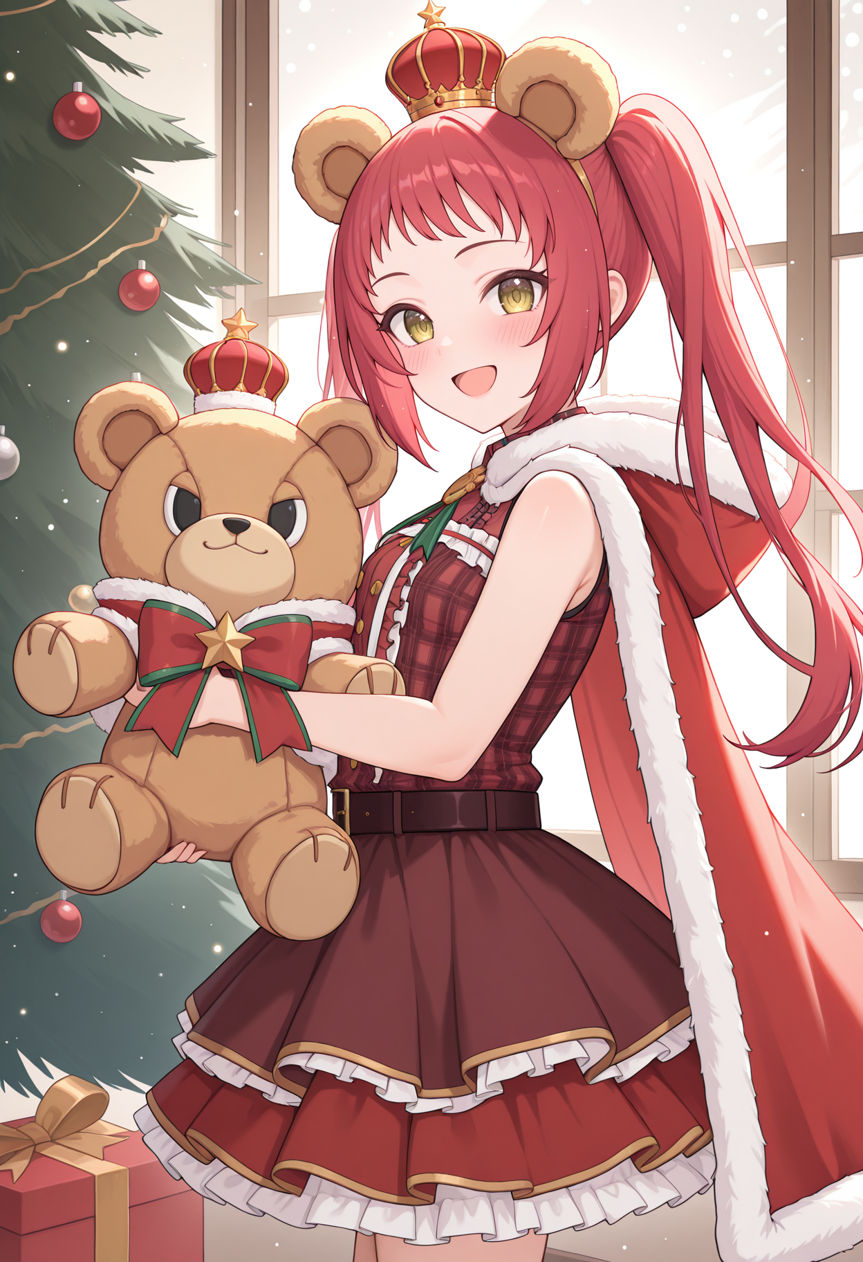 highres, best quality, masterpiece, indoors, christmas, christmas tree, window, light particles,
1girl, solo, pcrayane, twintails, red hair, long hair,
paynmas, animal ears, bear ears, crown, fur-trimmed cape, red cape, plaid shirt, red shirt, center frills, belt, red skirt, brown skirt, layered skirt, frilled skirt, sleeveless,
looking at viewer, blush, smile,
standing, from side, open mouth, 
holding teddy bear, pkc teddy bear, large teddy bear,
<lora:_ayane_pcr-elesico-ilxlA:1>