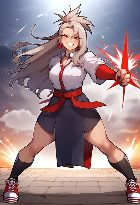 score_9, score_8_up, score_7_up, source_anime, source_sukeban deka, source_illyasviel_von_einzbern, (perfect composition), cartoon, illyasviel_von_einzbern reimagined as a sukeban delinquent girl in black seifuku, mature_female, silver hair, holding yoyo, combat pose, full body, flowing hair, hair between the eyes, asymmetrical hair, red eyes, delicate facial features, sukeban deka clothe, looking_at_viewer, outdoors, background tokyo, woman in a 80's sukeban seifuku standing on a set of strees, black seifuku, 80's japanese sukeban photo, sukeban seifuku, 80's japan, sukeban, long black skirt, red converse, full body, light skin tone female, full body, tape, arm_support, gloves, red_gloves, bridal gauntlets, blackred_footwear, fighter outfit, full body, hourglass, mature face, cheeky smile, cheeky face, wrinkles,( silver long hair, earrings, ear piercings), (fighting art, Martial arts, standing, fighting_stance, fight, fighting), extra colors, 2D, megapixel, perfectionism, accent lighting, full HD , 4K, masterpiece, , (Masterpiece:1.2), (full-body-shot:1),(cowboy shot:1.2), (Highly detailed:1.2),(anime Detailed Face:1.2), Colorful, A detailed eye, (Detailed landscape:1.2), (natural lighting:1.2), ((sukeban school teacher)) Anamorphic Shot, rule of thirds, ((street of rage 4 city backround)), fictive city backround in the style art of street of rage 4,illyasviel von einzbern ubw, long hair, white hair, red eyes,