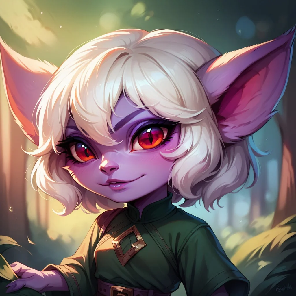 (((detailed, beautiful, high quality))), score_9, score_8_up, score_7_up, upper body,
yordle, short stature, shortstack, pointed ears, big eyes, fur,
1 girl, purple fur, white hair, red eyes, dark green top, belts,
looking at the viewer, posing,
forest background, blurred background,