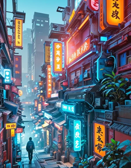 <lora:CW04xl:1> futuristic neon-lit alley, cyberpunk street scene, lone traveler with backpack, glowing Asian signs, urban jungle, electric blue highlights, densely packed storefronts, dystopian tech architecture, misty atmosphere, cinematic lighting, moody yet vibrant cityscape, ultra-detailed environment, animated style, twilight in a futuristic Chinatown, closeup, people, crowded,