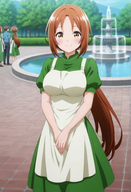 masterpiece, best quality,  absurdres, highres, cinematic light, 1girl, <lora:azalea:1> azalea_wz, very long hair, brown hair, brown eyes, low ponytail, large breasts,  green dress, white apron, puffy short sleeves, standing, looking at viewer, outdoors, rural, outdoors, stone floor, fountain, water, day, smile, cowboy shot, blurry background, people,  <lora:anime_screencap-Illustrious_1064755:1> anime screencap, anime coloring