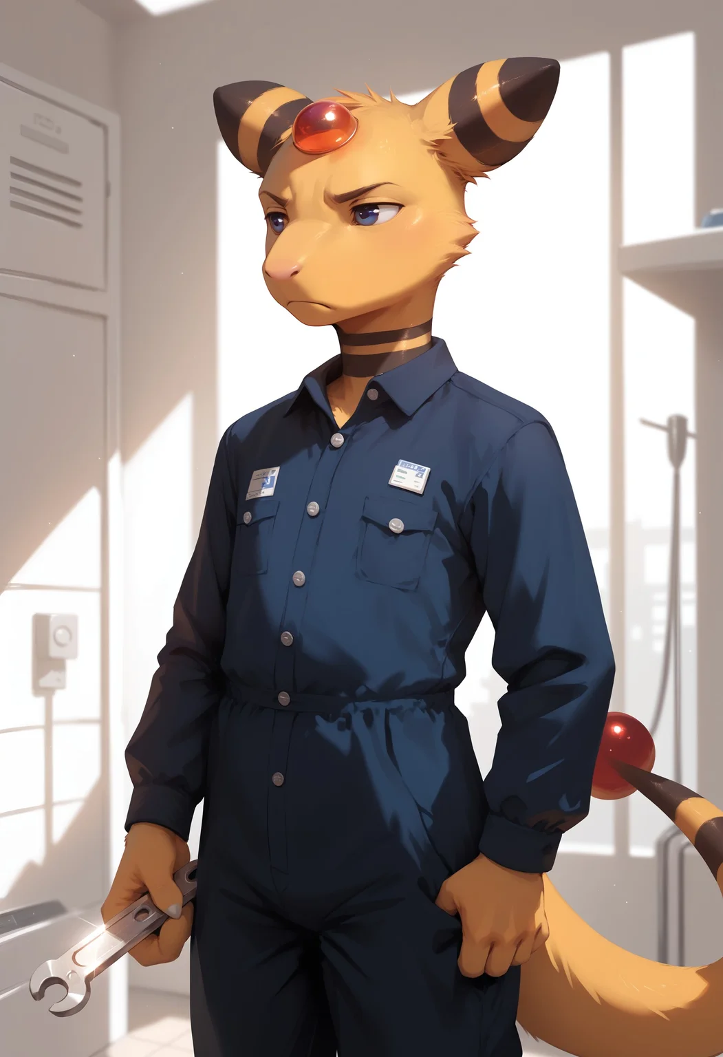 score_9, score_8_up, score_7_up, score_6_up, source_anime, sfw, indoors,
BREAK
1male, solo, ampharos, flippers, yellow body, anthro, furry, adult, frown, looking away, (technician, jumpsuit), holding wrench, electric outlet, blurry,, <lora:743ab114-2dc7-4a68-a995-0d3c9dc174a0:2.0>, <lora:4b571537-d57c-4d84-9d24-d39fcf54c682:0.5>, <lora:0822f1bc-be9c-42f2-a563-5e7c17e10639:0.6>, <lora:b9e026e5-d942-4c0e-8933-475263c8761d:1.0>