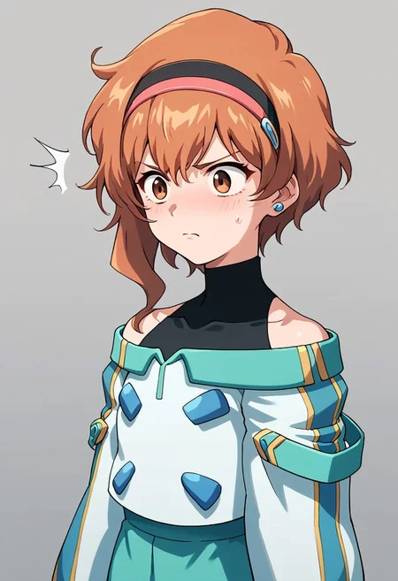 score_9, score_8_up, score_7_up, score_6_up, score_5_up, score_4_up, source_anime ,brown eyes, off shoulder, short hair, orange hair, jewelry, brown hair, earrings, shis mitville, hairbands, embarrased, surprised reaction