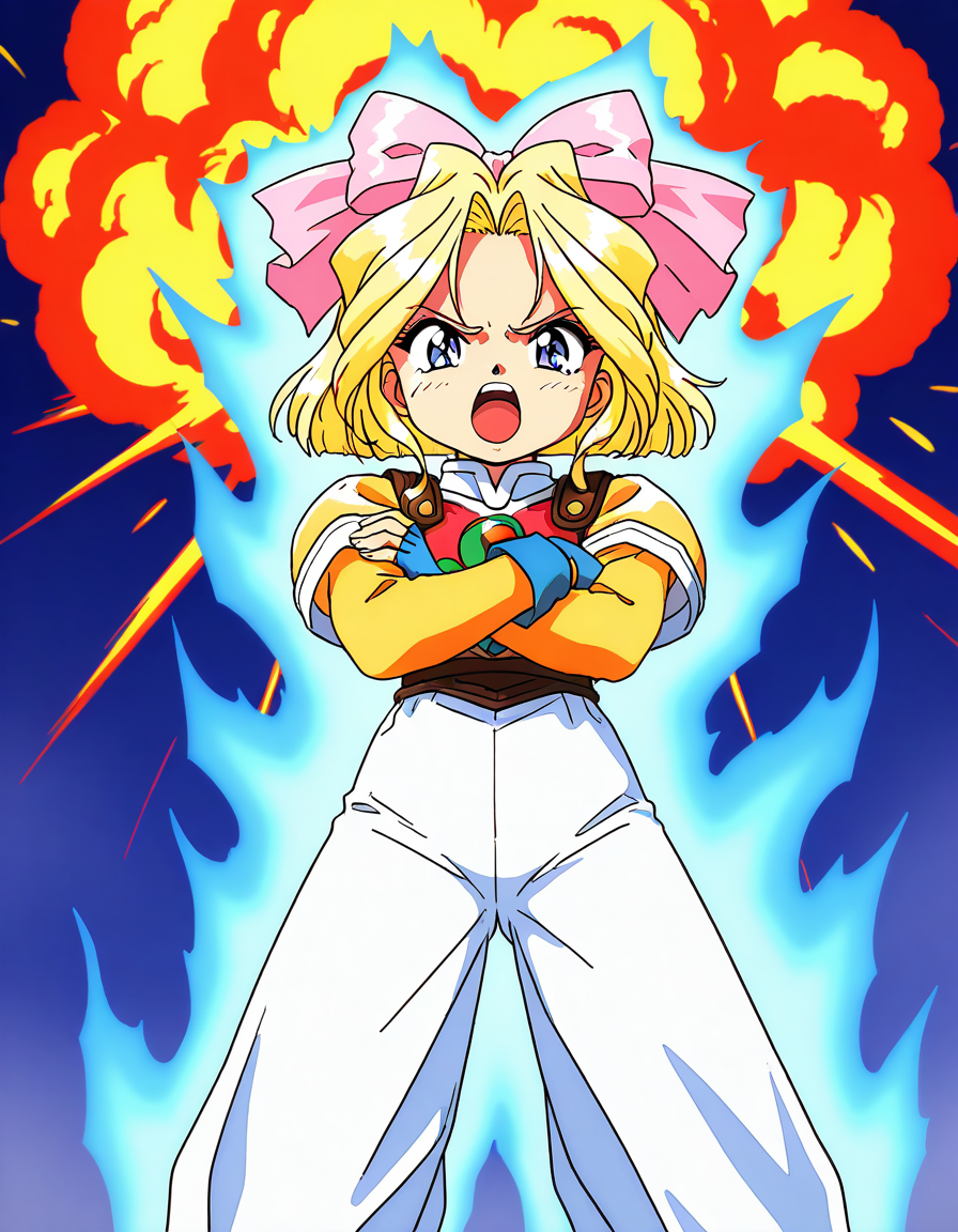 masterpiece, best quality, good quality, <lora:Iris_Chateaubriand_IS:1>  IrisChateaubriand, blonde hair, pink bow, blue eyes, hair bow, short hair, 1990s \(style\), short stack, anger, open mouth, aura, explosion, 1girl, solo, bow, fingerless gloves, gloves, looking at viewer, standing, long  Yellow sleeves, long pants, white long pants outdoor,
 fujishima kousuke style, 1990s (style).