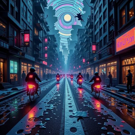 psychedelic style concept art horror-themed Dark Fantasy Art, <lora:Undead Apocalypse v1:1> und34dpsy, In a warped, collapsing city, zombie couriers in holographic jumpsuits race down melting streets on levitating bicycles, delivering glowing packages to mysterious beings. The roads are made of pulsating light, and buildings dance to invisible rhythms. One zombie rides upside down across the ceiling of reality. Animated glitches and pixel tears streak through the sky as if the apocalypse is being live-streamed., dark, moody, dark fantasy style . eerie, unsettling, dark, spooky, suspenseful, grim, highly detailed . digital artwork, illustrative, painterly, matte painting, highly detailed . vibrant colors, swirling patterns, abstract forms, surreal, trippy