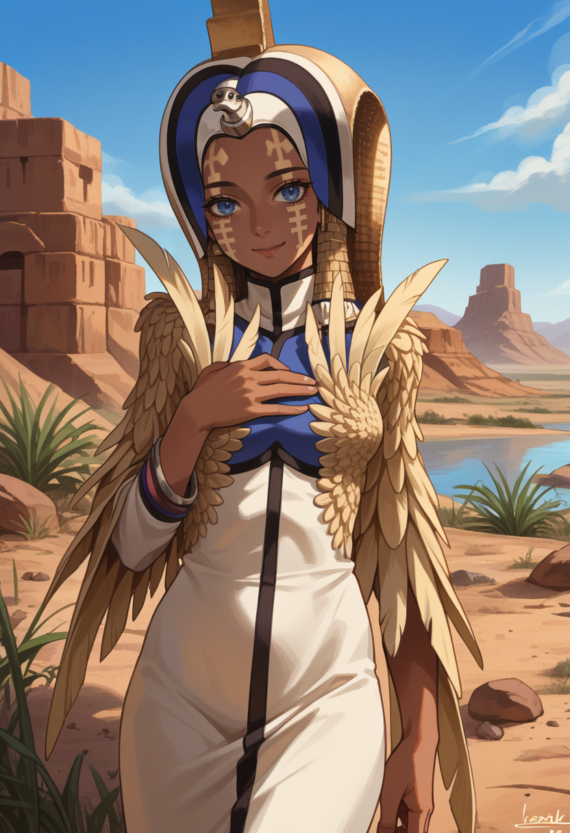 score_9, score_8_up, score_7_up, source_anime BREAK 1girl, solo, cowboy shot, desert, blue sky, smile, closed mouth, oasis, lake,
<lora:zs_IsisXL:1> isissmt, blue eyes, dark skin, feathers, head dress, dress, facial mark, hand on chest