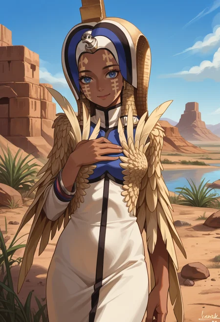 score_9, score_8_up, score_7_up, source_anime BREAK 1girl, solo, cowboy shot, desert, blue sky, smile, closed mouth, oasis, lake,
<lora:zs_IsisXL:1> isissmt, blue eyes, dark skin, feathers, head dress, dress, facial mark, hand on chest