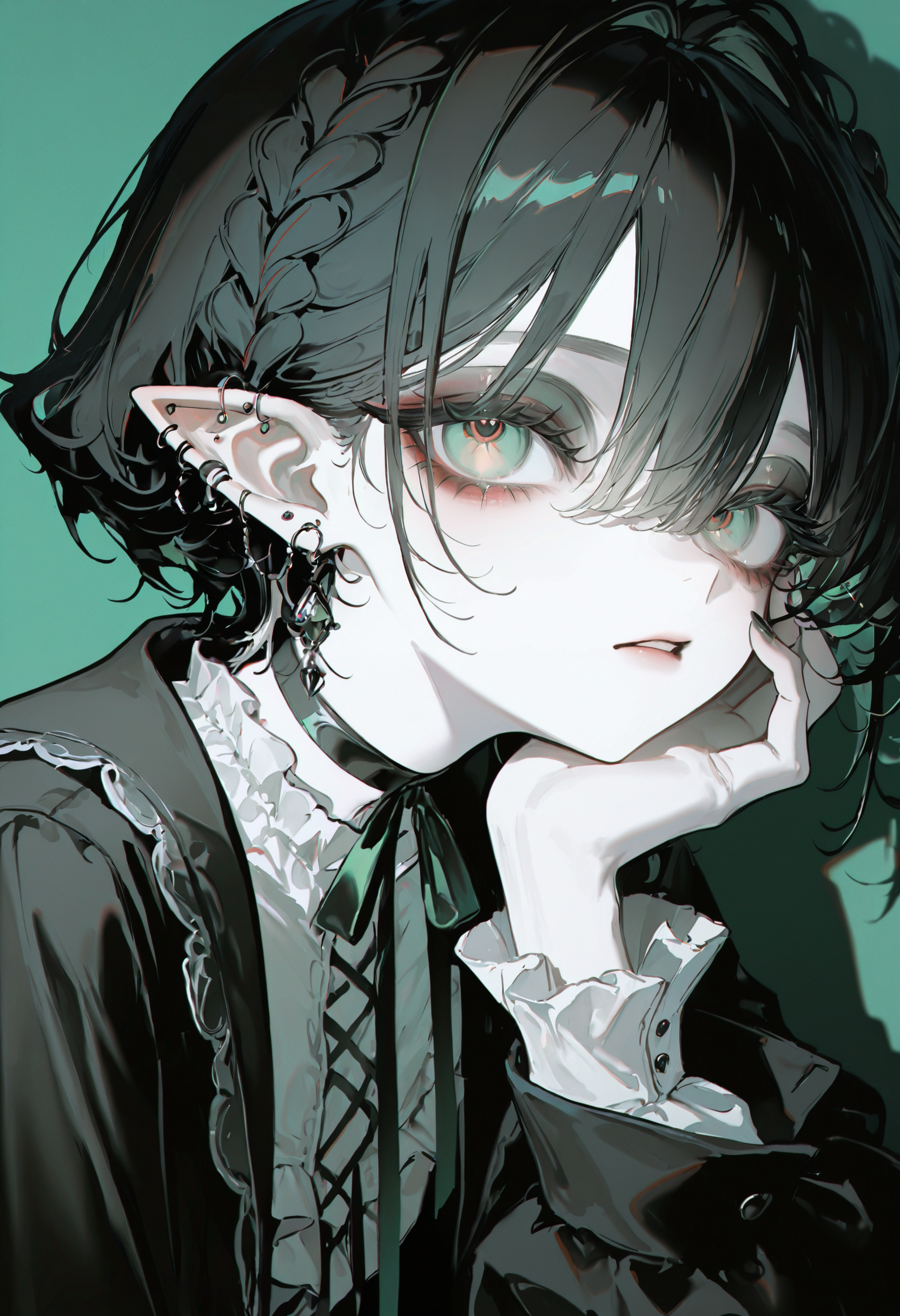 <lora:bmEybWVndV9f-illustriousXL_v01_V2-CAME>, bmEyb, 1girl, solo, pointy ears, neck ribbon, looking at viewer, parted lips, black nails, shirt, jewelry, earrings, ear piercing, piercing, hair between eyes, black ribbon, braid, red pupils, ribbon, black hair, short hair, green eyes, frills, pale skin, white shirt, long sleeves, frilled shirt, green background, eyelashes, makeup, choker, symbol-shaped pupils, upper body, nail polish, portrait, shadow, head rest, goth fashion, eyeshadow, hand on own face, ribbon choker, long eyelashes, black jacket, hand up