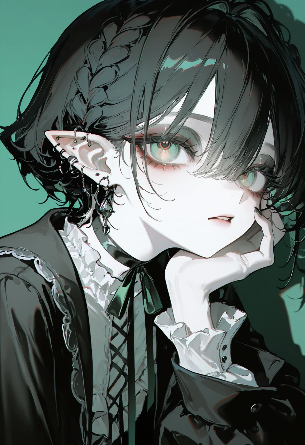 <lora:bmEybWVndV9f-illustriousXL_v01_V2-CAME>, bmEyb, 1girl, solo, pointy ears, neck ribbon, looking at viewer, parted lips, black nails, shirt, jewelry, earrings, ear piercing, piercing, hair between eyes, black ribbon, braid, red pupils, ribbon, black hair, short hair, green eyes, frills, pale skin, white shirt, long sleeves, frilled shirt, green background, eyelashes, makeup, choker, symbol-shaped pupils, upper body, nail polish, portrait, shadow, head rest, goth fashion, eyeshadow, hand on own face, ribbon choker, long eyelashes, black jacket, hand up
