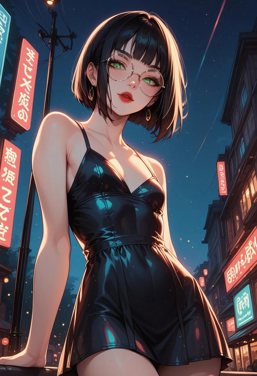 score_9, score_8_up, score_7_up, score_6_up, rating_questionable,y0mUy4k4d4sh1, 1girl, Polly, PollyRH, short hair, bobcut, black hair, bangs, green eyes, small breasts, almost flat chest, slim, pale skin, big round eyeglasses, clear eyeglasses lenses, nice round ass, red lipgloss, HD32k, dynamic pose, aesthetic, perspective, solo, detailed, sensual look, pinup pose, night, outdoor, , sensual look, pinup pose, starrynightdress, front view