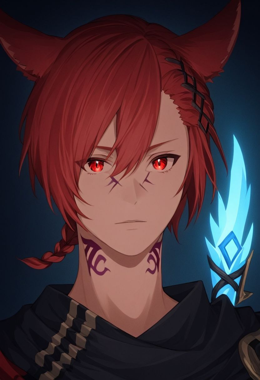 grahatiaffxivdsk, 1boy, male focus, solo, animal ears, red eyes, red hair, tattoo, miqo'te, neck tattoo, cat ears, looking at viewer, hair between eyes, facial mark, hair ornament, x hair ornament, bangs, holding, glowing, slit pupils, braid, short hair, portrait, jewelry, short ponytail, cinematic angle, cinematic lighting, best anatomy, official art, masterpiece, best quality