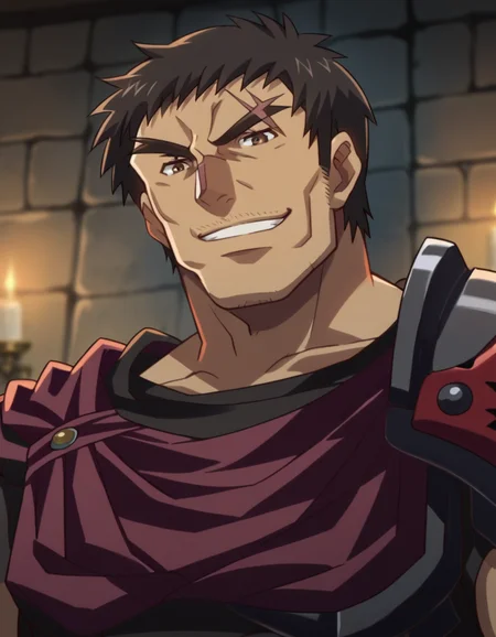 score_9, score_8_up, score_7_up, source_anime,
kuroinuvolt, <lora:kuroinu-volt-ova-ponyxl-lora-nochekaiser:1>,
volt, short hair, black hair, male focus, muscular, scar, thick eyebrows, muscular male, brown eyes,
cape, armor, shoulder armor, pauldrons,
indoors, dungeon, smile,
looking at viewer, portrait,