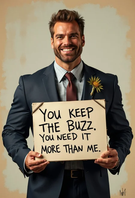 Gigachad is a muscular man in a suit. He is smiling. He's holding a sign that says, "You keep the Buzz. You need it more than me."