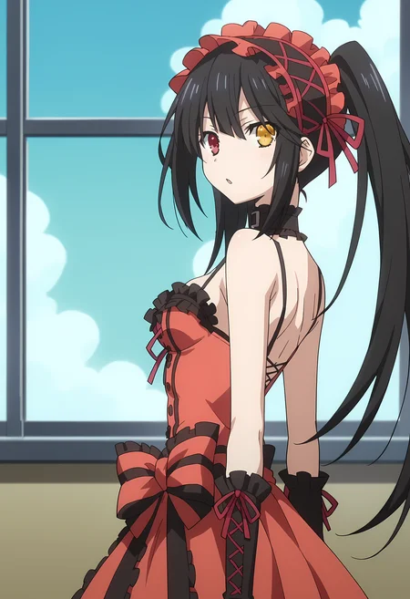 score_9, score_8_up, score_7_up, source_anime, 2d, Kurumi Tokisaki, 1girl, black hair, twintails, asymmetrical hair, red eye, yellow-clock eye, heterochromia, medium breasts, red hairband, cleavage, red dress, black gloves, red stomach ribbon, black choker, anime coloring, anime screencap, detailed eyes, zPDXL, perfect faces, uncensored, rating_explicit, <lora:kurumi_tokisaki_0-000035:0.8>, from behind, looking back, looking at viewer, surprised,