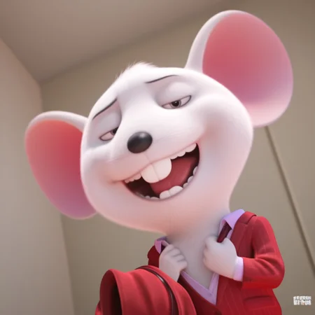 Mike_sing, white fur, mouse teeth, mouse, anthro, bust shot, good angle, grin, smile, sexy, suit, Red suit, 4k, realistic, half closed eyes, looking at viewer, pose, dynamic angle, ((bust shot )), open mouth, Tongue, (((undressing, bedroom background)))