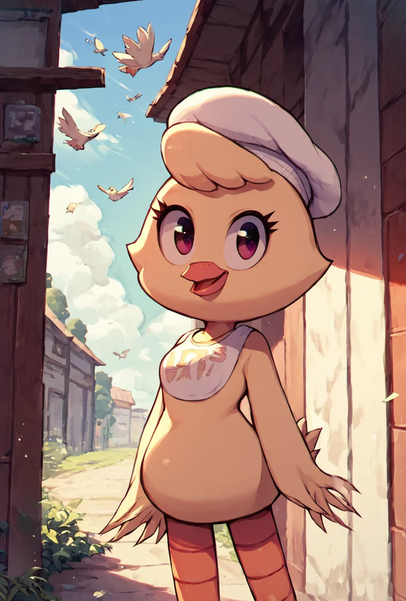 score_9, score_8_up, score_7_up,  looking at viewer, smiling,   <lora:chica-06:1> chica, hat, bird, 1girl, solo, outdoors,  <lora:GozenPh-Bu_art_style:1> GozenPuBu