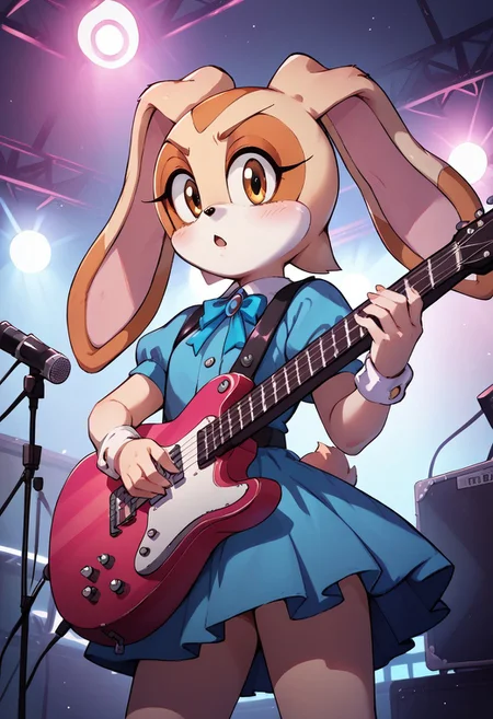 Cream The Rabbit, solo, idol dress, electric_guitar, playing_instrument, pink guitar, neon lights, stage lights, night,
score_9, score_8_up, score_7_up