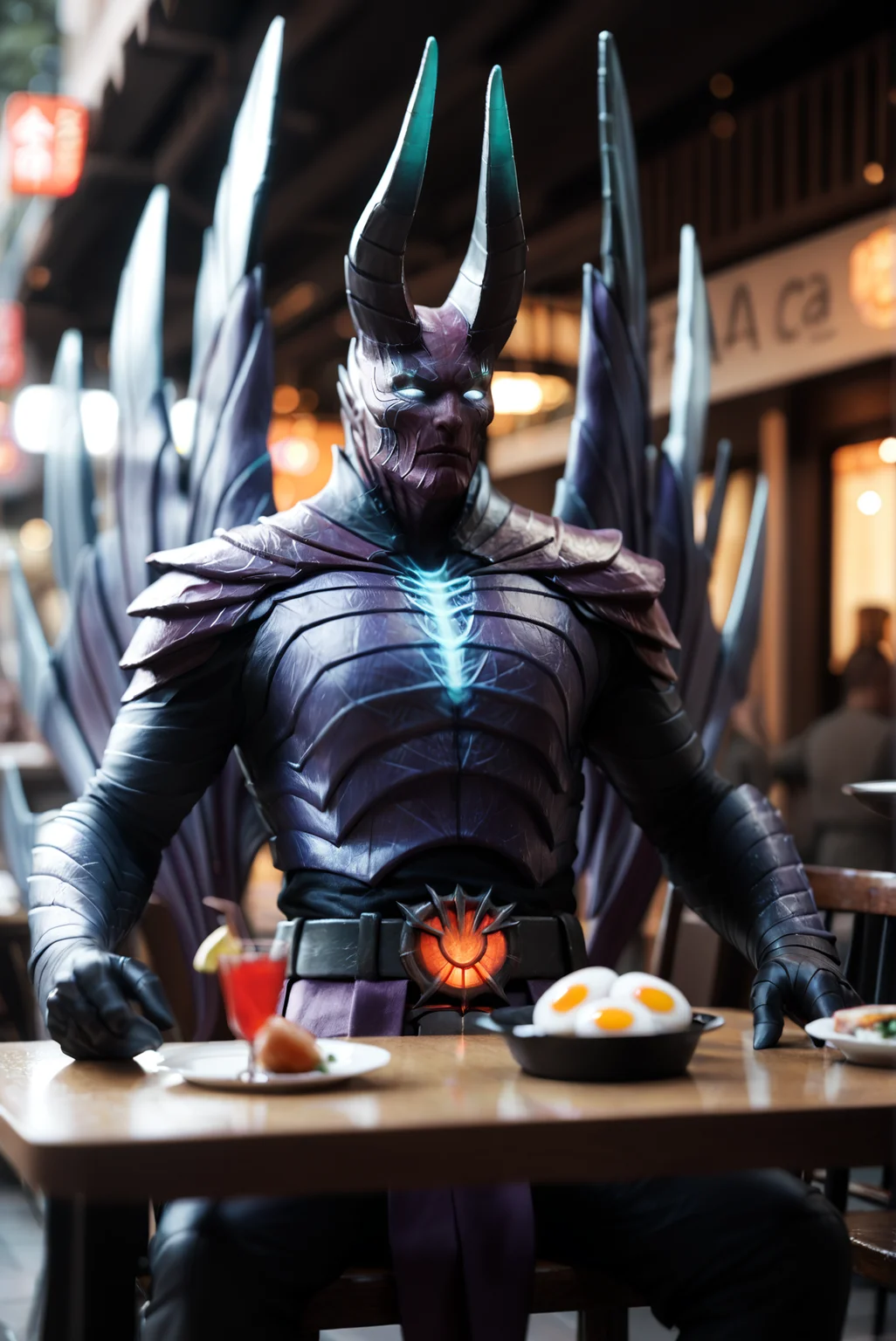 <lora:terrorblade_v1:1>terrorblade_v1 solo, horns, glowing eyes, glowing, armor, belt, wings, demon, no pupils, white eyes, rider belt, blue eyes, tokusatsu, score_9, score_8_up, score_7_up, solo, 
public, sitting, chair, table, drinking cocktail, cafe in the background, crowd, food, fried egg, frying pan, holding,
blur censor, blurry, blurry background, blurry foreground, bokeh, motion blur,
chromatic aberration, depth of field, figure, focused,  focus