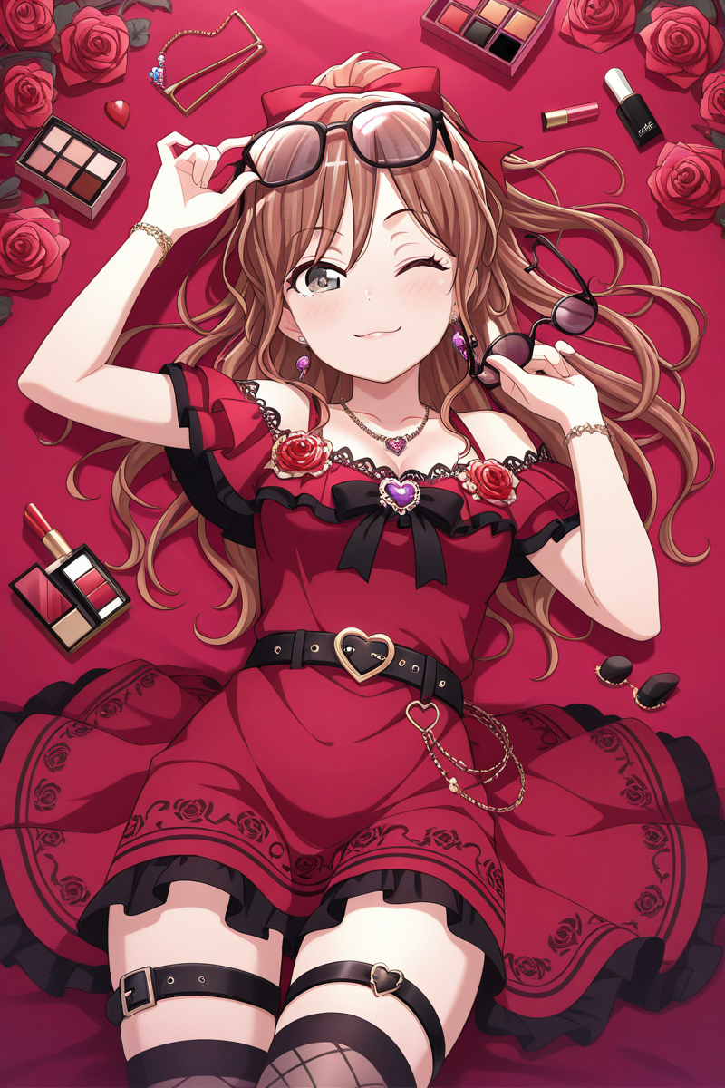 masterpiece, best quality, amazing quality,
 <lora:Lisa_IL:1> lisa_imai, 1girl, solo, one eye closed, rose, flower, red flower, thighhighs, dress, heart, jewelry, red rose, eyewear removed, earrings, looking at viewer, bow, necklace, thigh strap, red dress, smile, lying, cosmetics, belt, brown hair, holding eyewear, hair bow