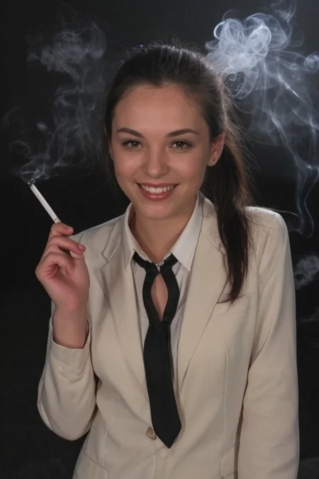 30yo American woman wearing business suit smoking cigarette
Dark black smooth long hair ponytail. smiling.
Looking at camera.
Smoke.
Dynamic varying pose.
Outside bussiness. Night time,
Night time, dark.
Stable-Yogis-Eye-Detailer-5x