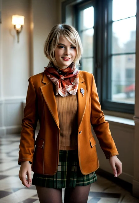score_9, score_8_up, score_7_up, high detailed texture, photograph, realistic, RAW photo, <lora:ashleyre4remake_pony_v1:.8>  AshleyJacket, 1girl, blonde hair, plaid skirt, short hair, pantyhose, jacket, sweater, scarf, turtleneck, coat, cowboy shot, depth of field, soft split ambient window light, soft realistic shadows, perfect composition