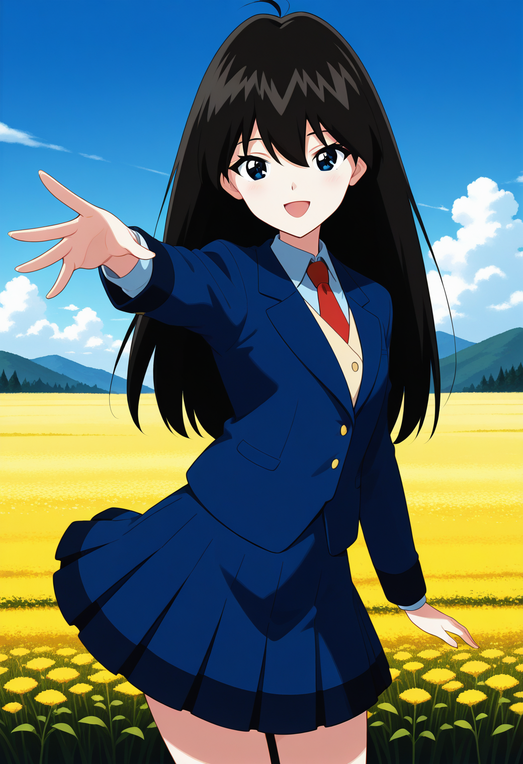 eretzvaju_setsuna, black eyes, black hair, long hair, school uniform, red necktie, blazer, blue jacket, long sleeves, blue skirt, pleated skirt, <lora:eretzvaju_setsuna_illustrious_ver1:0.8> 
1girl, solo, (field:1.2), (blue sky:1.2), looking at viewer, smile, open mouth,, (cowboy shot, dynamic pose:1.4),, masterpiece, best quality, general,