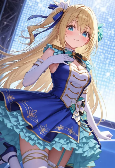masterpiece, best quality, amazing quality, very aesthetic, high resolution, ultra-detailed, absurdres, newest, scenery,(depth of field:1.5),
(super fine illustration,professional quality,ultra high res), beautiful detailed eyes,
(high brightness),
break
tuda(id)_aigis,
blond hair, long hair, one side up, asymmetrical hair ornament, hair ribbon,
blue eyes,
idol clothes, asymmetrical dress, frilled, cleavage cutout, sleeveless,
white elbow gloves,
white thighhighs, legwear garter,
blue shoe, strappy heels, shoe ribbon,
1girl, medium breasts,
blush,
idol, stage,
(dutch angle:1.2), (cowboy shot:1.2),