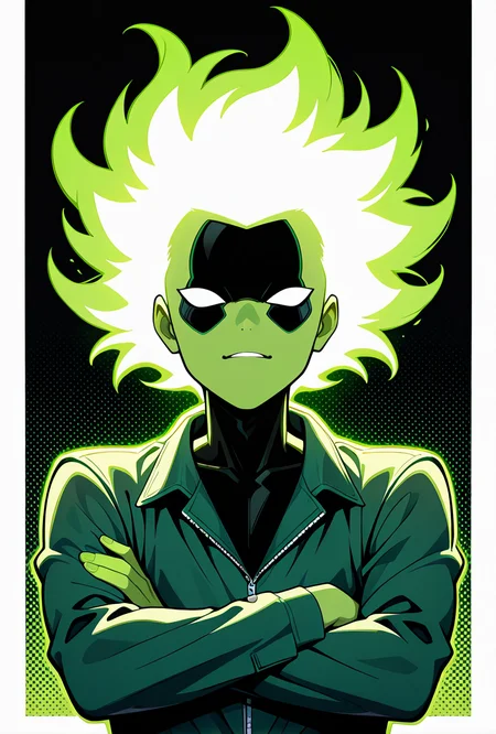 <lora:anodite-10:1> anodite, colored green skin, 1boy, no pupils, blank eyes, short hair, , glowing hair, hair covering eye, green body, black body,, round head, green outline, , mad, green jacket, crossed arms, dynamic pose, , facing viewer, masterpiece, best quality, amazing quality, very aesthetic, absurdres, newest,, upper body, halftone effect, white borders, abstract background:1.2,
