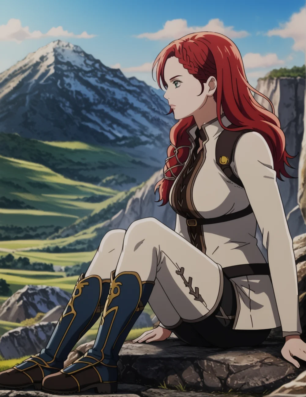 2d, source_anime, masterpiece, detailed, BREAK, 1girl, solo, <lora:HeraHammerhand:0.95> HeraHammerhand, red hair, long hair, braid, green eyes, white jacket, black pants, (white thighigh boots), green shin guard, breasts, full body shot, outdoors, depth of field, realistic background, detailed background, mountains, bokeh, blurry background, dark scenery, posing, knees, sitting on rock, from side, looking forward, looking away
