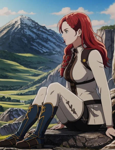 2d, source_anime, masterpiece, detailed, BREAK, 1girl, solo, <lora:HeraHammerhand:0.95> HeraHammerhand, red hair, long hair, braid, green eyes, white jacket, black pants, (white thighigh boots), green shin guard, breasts, full body shot, outdoors, depth of field, realistic background, detailed background, mountains, bokeh, blurry background, dark scenery, posing, knees, sitting on rock, from side, looking forward, looking away