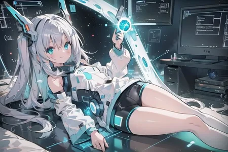 (masterpiece), (science fiction:1.4), 1girl, lying on the back on a mirror, lying on the back on a mirror, lying on the back on a mirror, smile, silver hair, aqua eyes, headgear, long sleeves, detached sleeves, glowing energy clothing, light particles, energy particles, perfect hands, perfect legs