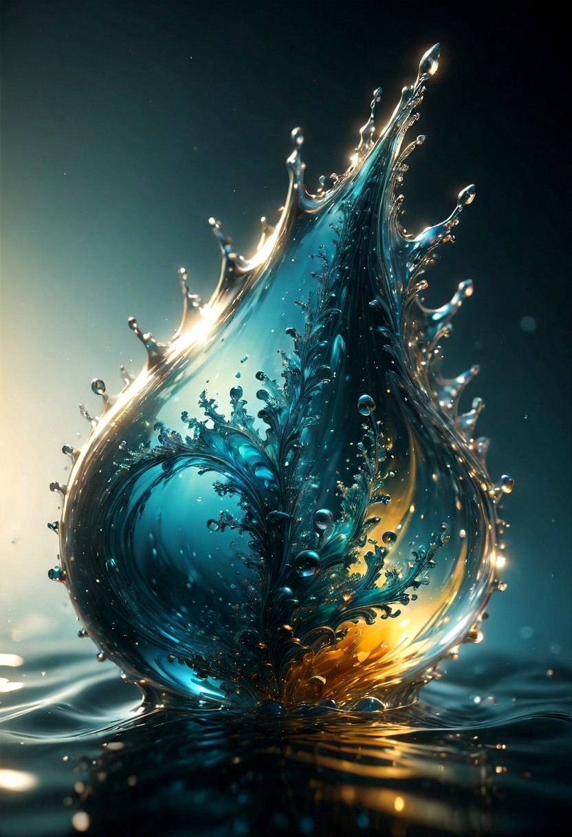 An abstract shape, amazingly fluid, made of glass, detailed, 3d fractals, light particles, water drops, shimmering light, surreal, ink, smooth, shimmering, glow, cinematice contrast, Glow, 
16k