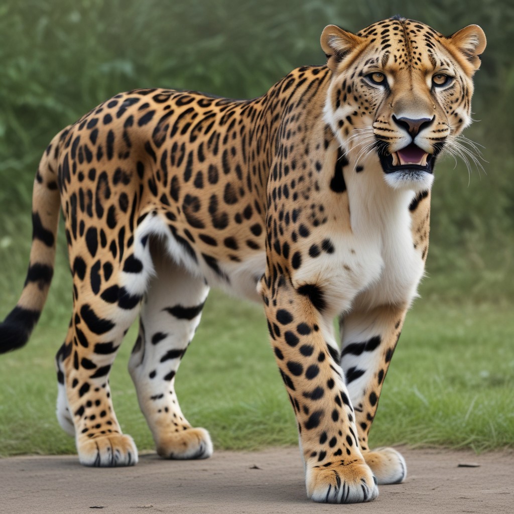 a jaglion, panthera ancestral power animal with characteristics of several modern felines, looks like a jaguar lion hybrid