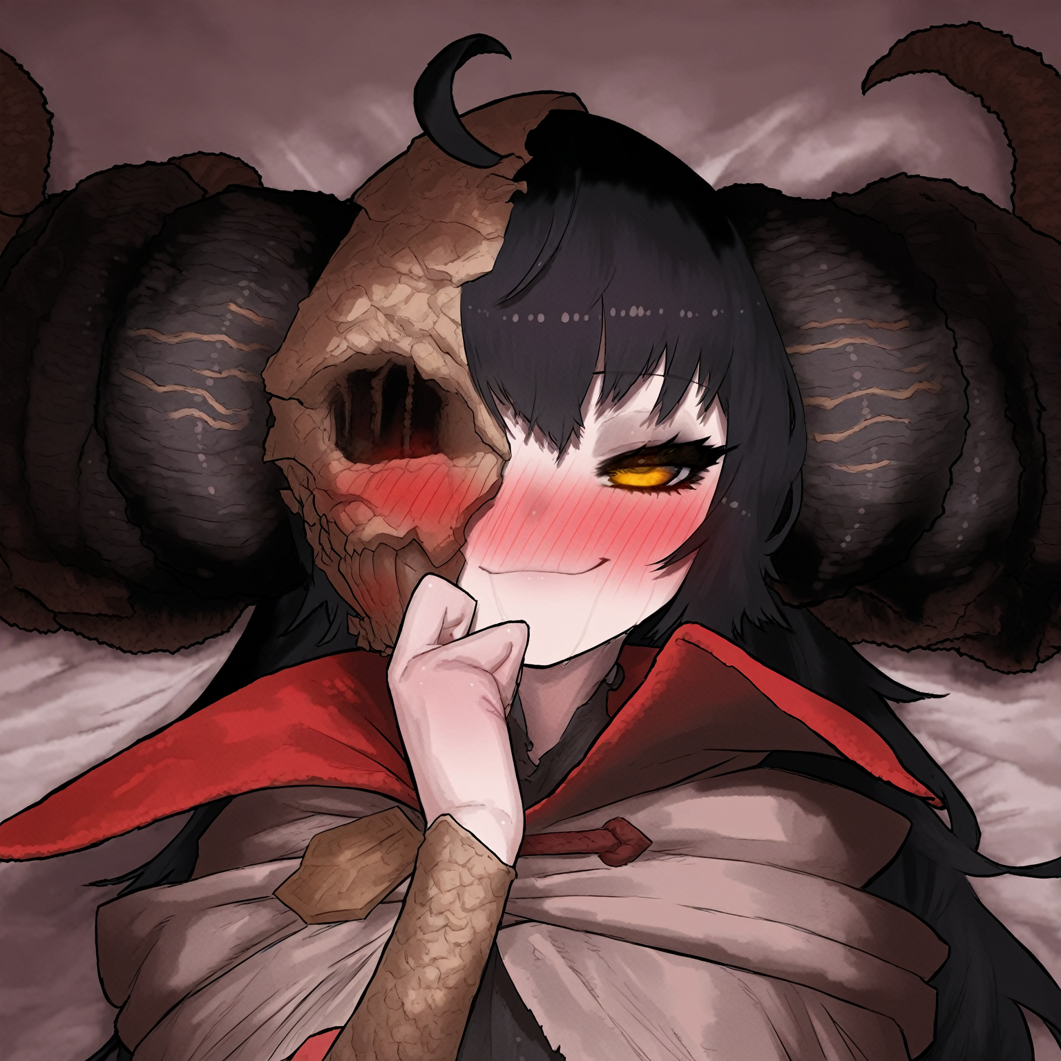<lora:ekrea jan2 ilu:1.2>,1girl,mohg lord of blood,ahoge,black hair,blush,horns,yellow eyes,missing eye,half-closed eyes,naughty face,cloak,ekrea jan,
masterpiece,best quality,newest,absurdres,highly detailed,very aesthetic,