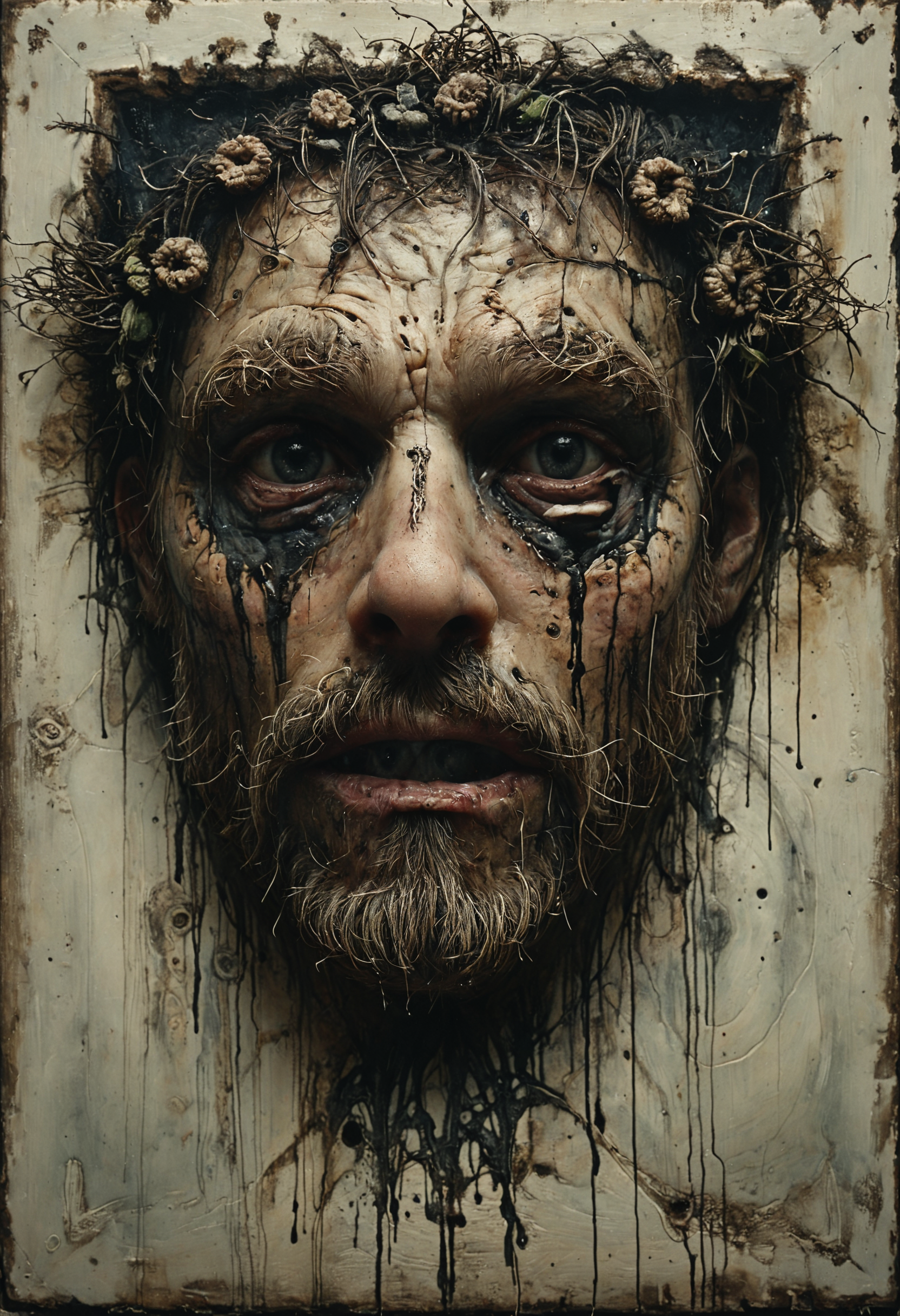 Deformed face staring from moldy photograph, Rim Lighting, <lora:Melting_world:0.8>, <lora:Colorful_Viking_Knot_SDXL:0.7> mad-viking-knot