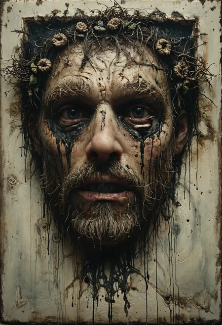 Deformed face staring from moldy photograph, Rim Lighting, <lora:Melting_world:0.8>, <lora:Colorful_Viking_Knot_SDXL:0.7> mad-viking-knot